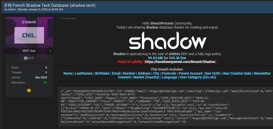 [FR] French Shadow Tech Database (shadow.tech) - BreachForums - darkweb.vc
